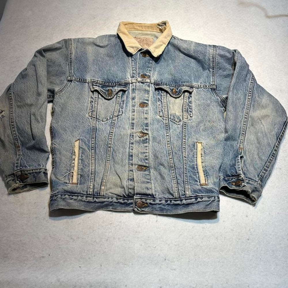 Vintage Lucky Brand Denim Trucker Jacket Light Wash Corduroy Collar Made in USA